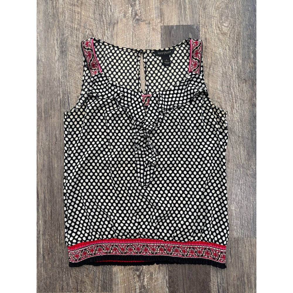 White House Black Market Polka Dot Ruffle‎ Blouse Red Paisley Smocked Hem Small